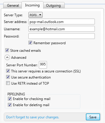 incoming outlook mail server settings sbcglobal.net